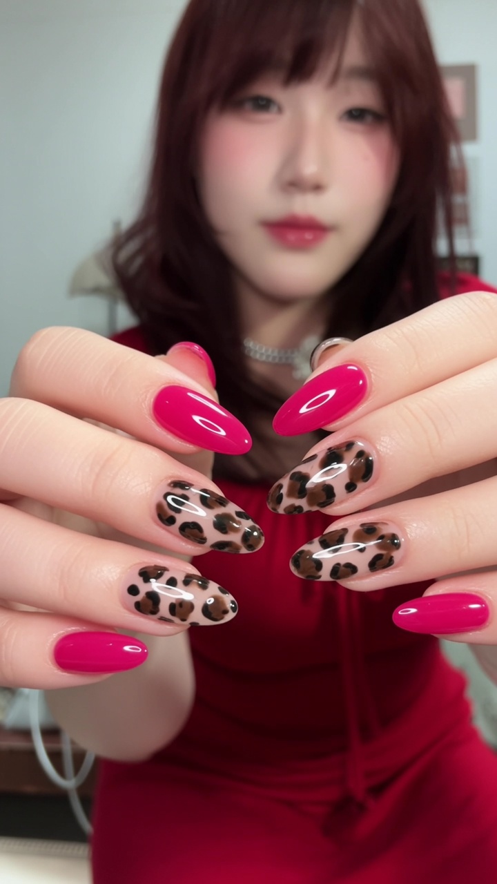 Manicura Asimétrica Dúo: Estilo 'Mandarin Duck' con Estampado de Leopardo