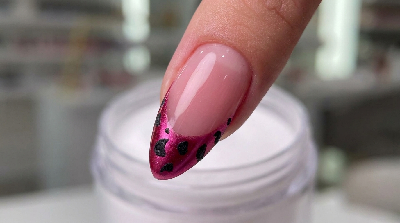 Uñas sofisticadas en forma almendrada con base magenta vibrante y punta francesa de leopardo audaz.