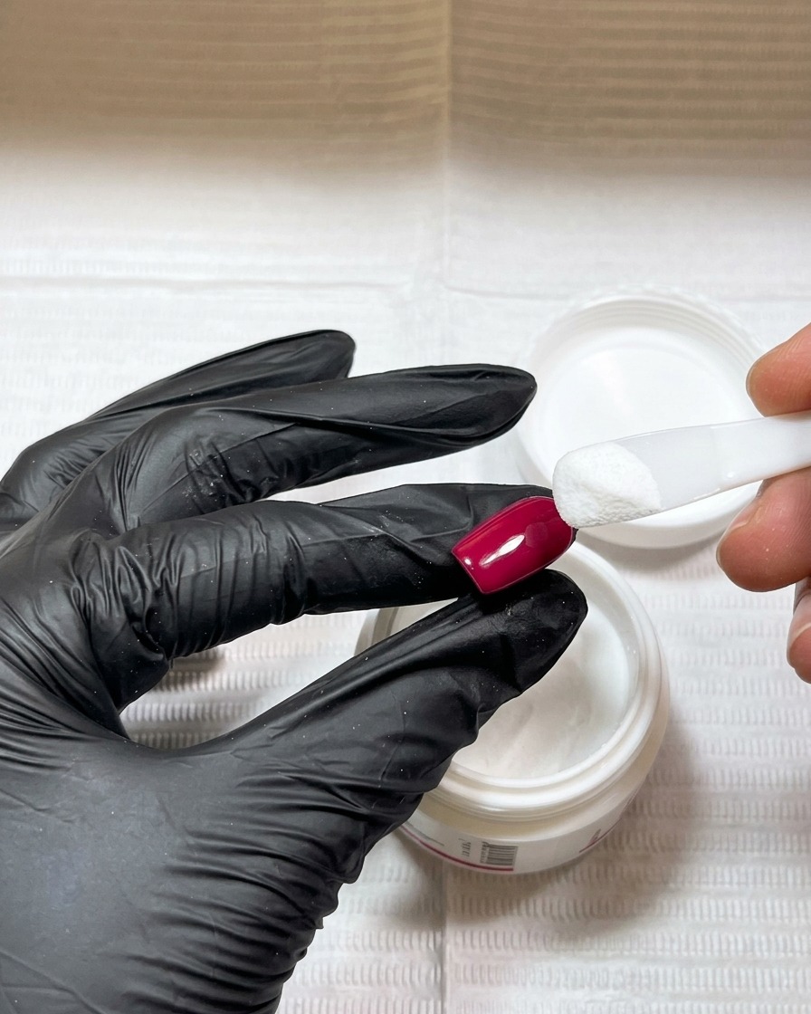 Primer plano de un empujador de cutícula espolvoreando acrílico blanco sobre una uña roja húmeda.