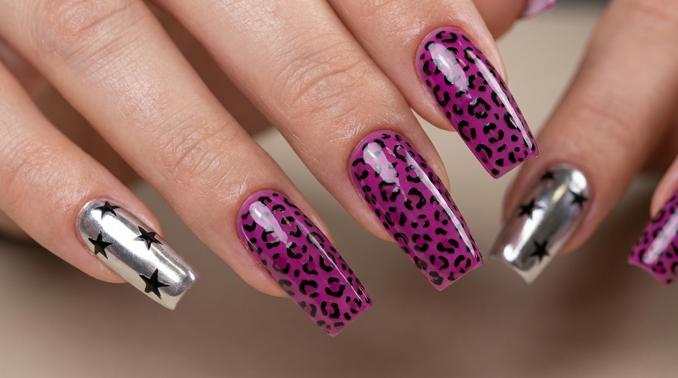 Uñas Y2K con estampado de leopardo magenta y efecto cromo: Tutorial paso a paso