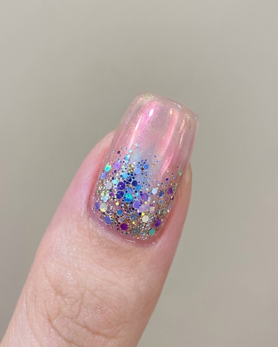 Primer plano de un pincel de uñas aplicando esmalte de gel magnético rosa translúcido sobre una uña natural.