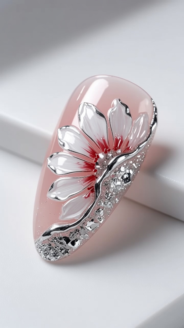 Diseño de Uñas con Margaritas, Efecto Cromo y Brillo