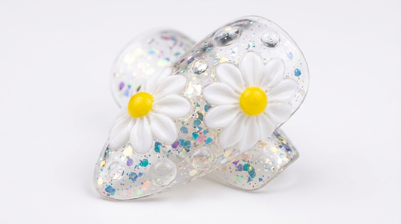 Uñas de Gel con Flores Margarita 3D y Efecto Gota de Agua