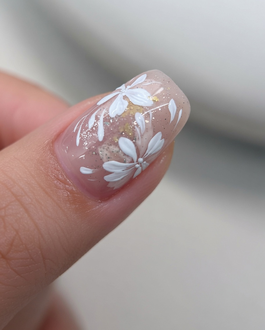 Un pincel de detalle pintando pétalos de flor blancos delicados sobre una uña.
