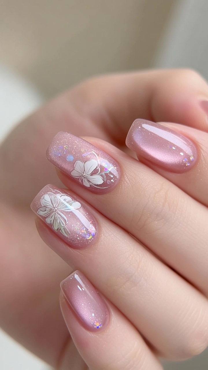 Diseño de Uñas Cat-Eye con Efecto Vidrio y Flores Pintadas a Mano — Tutorial Paso a Paso