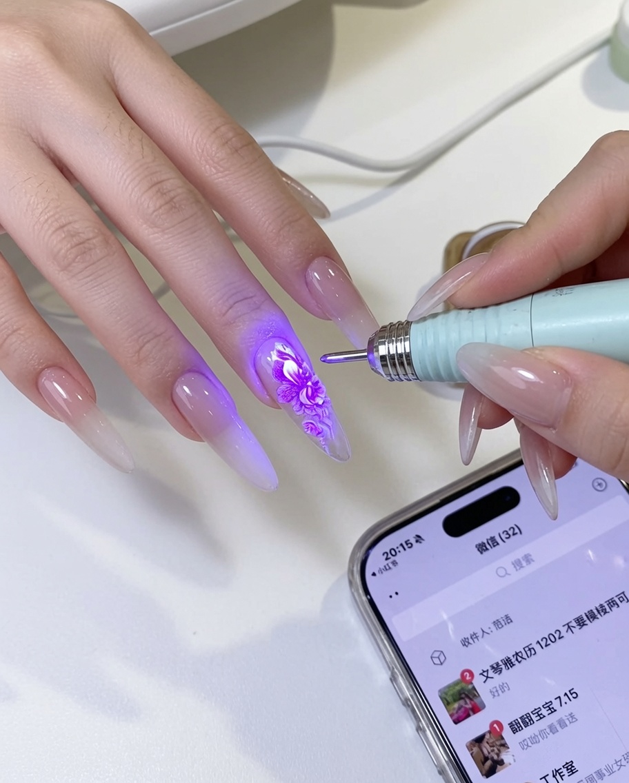 Primer plano de un dedo con diseño floral siendo curado bajo la luz púrpura de una lámpara UV.