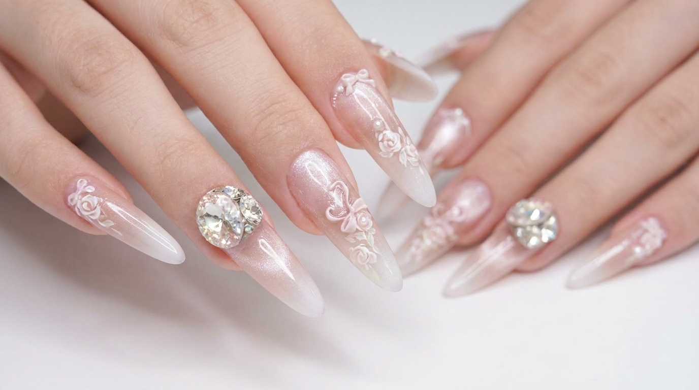 Uñas Stiletto Ombré con Rosas de Primavera y Efecto Ojo de Gato — Tutorial Paso a Paso