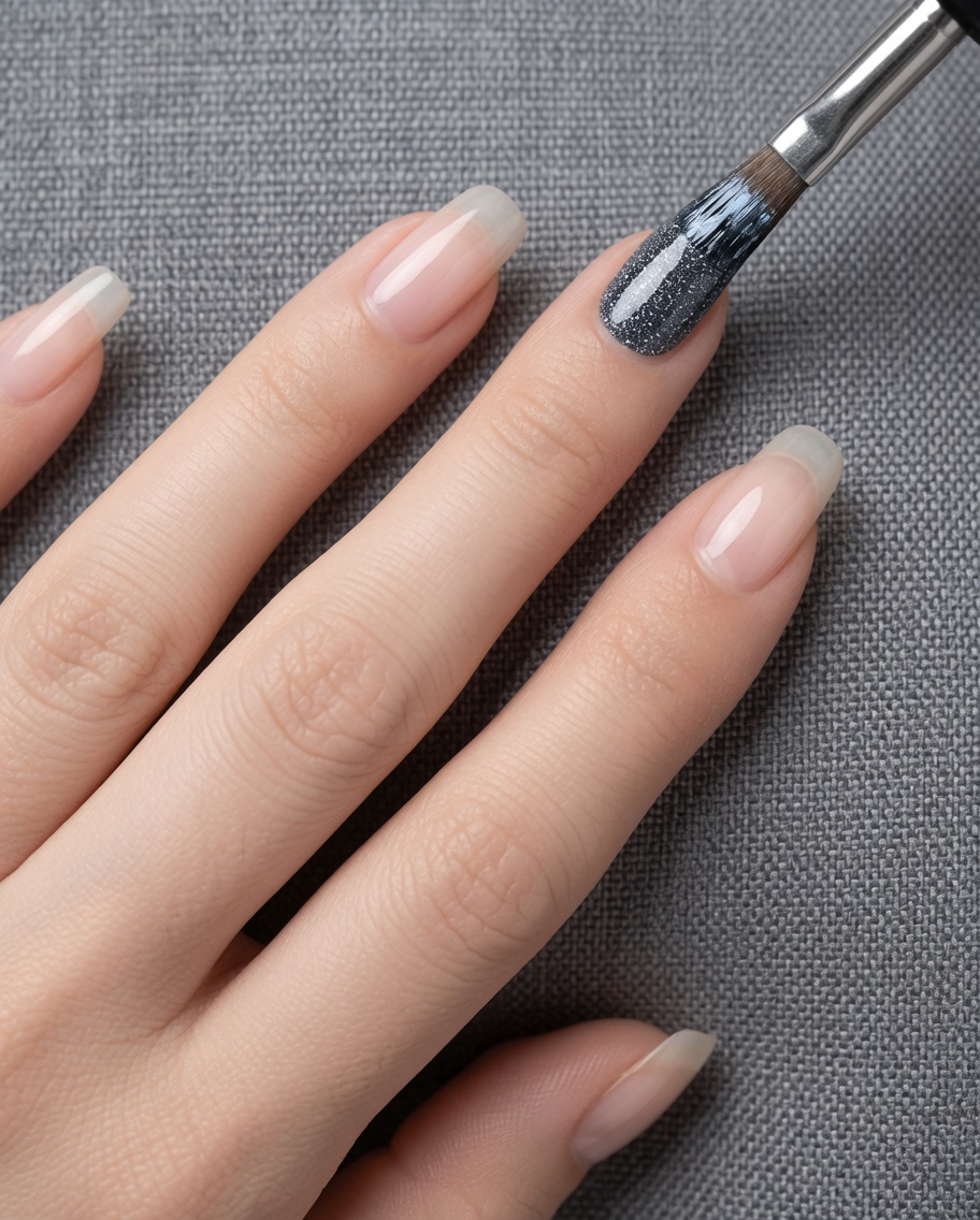 Una uña con una capa de esmalte de gel gris, mostrando un color gris claro traslúcido.