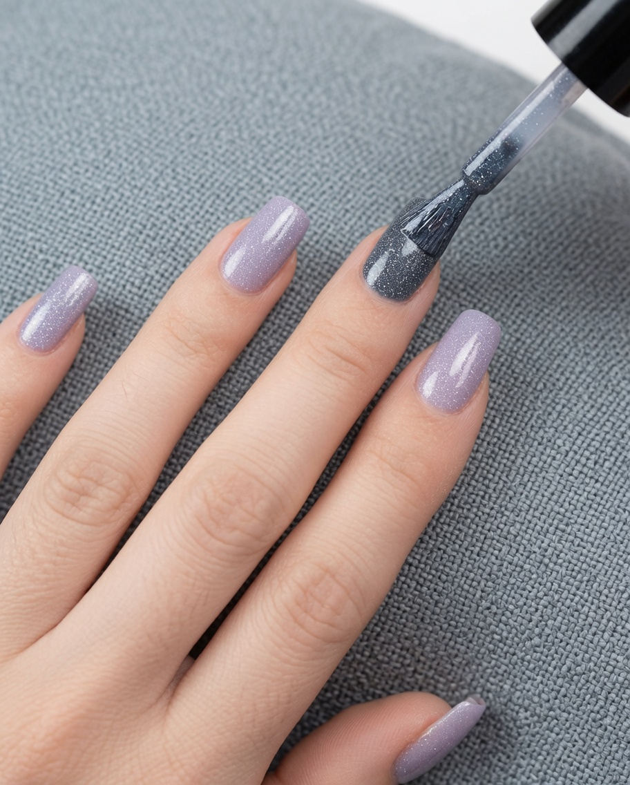 Un pincel aplicando una segunda capa de esmalte de gel gris claro sobre la uña.
