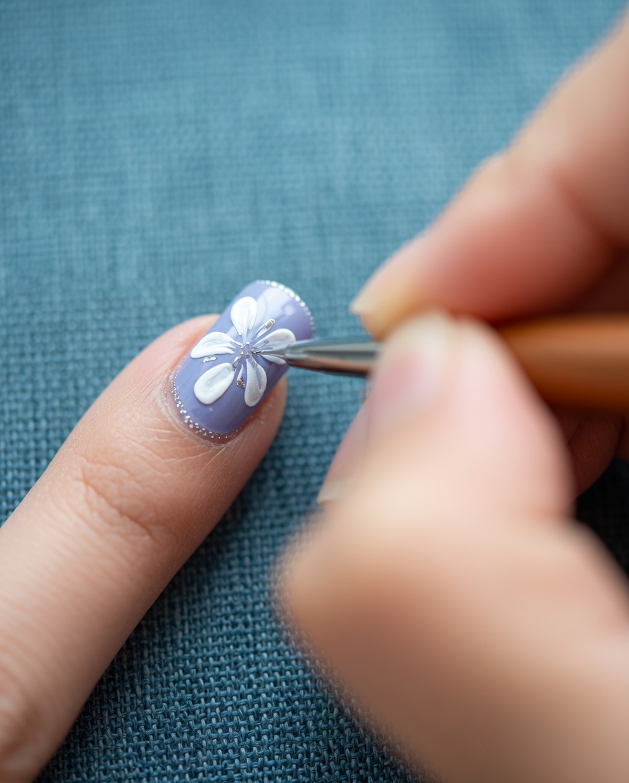 Primer plano de una uña gris con pétalos de margarita blancos ya pintados con gel.