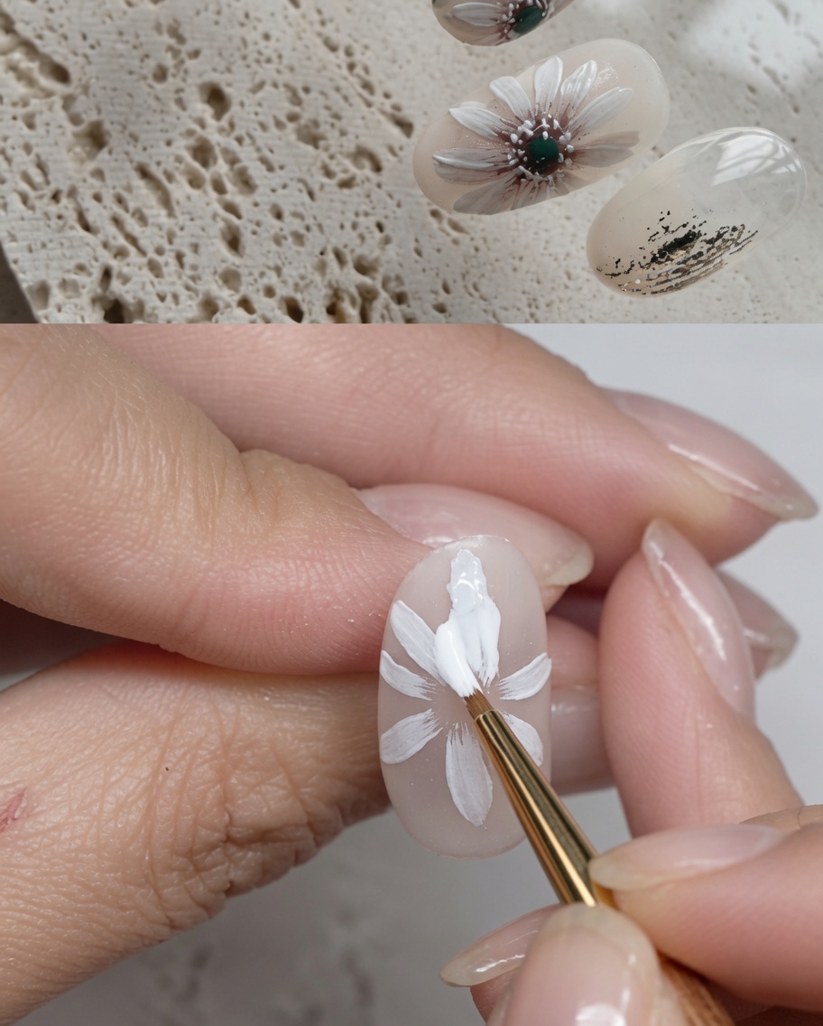 Un pincel de nail art aplicando un pequeño punto de gel verde en el centro de la margarita blanca.