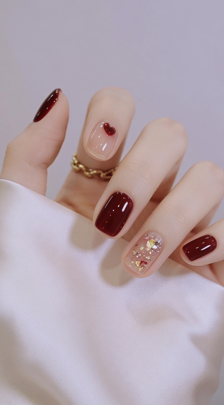 Manicura de Gel en Burdeos y Purpurina Dorada con Detalle de Corazón — Tutorial Paso a Paso