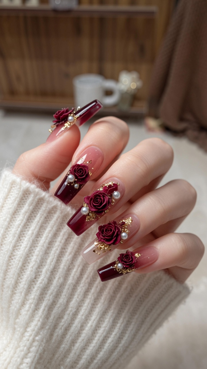 Nail Art Gótico con Rosas Secas — Diseño Sofisticado para Año Nuevo