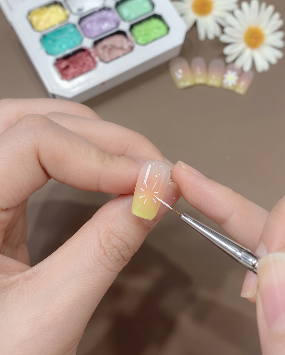 Primer plano de un pincel fino creando líneas blancas delgadas sobre una uña ombré rosa y amarillo para marcar los pétalos de la margarita.