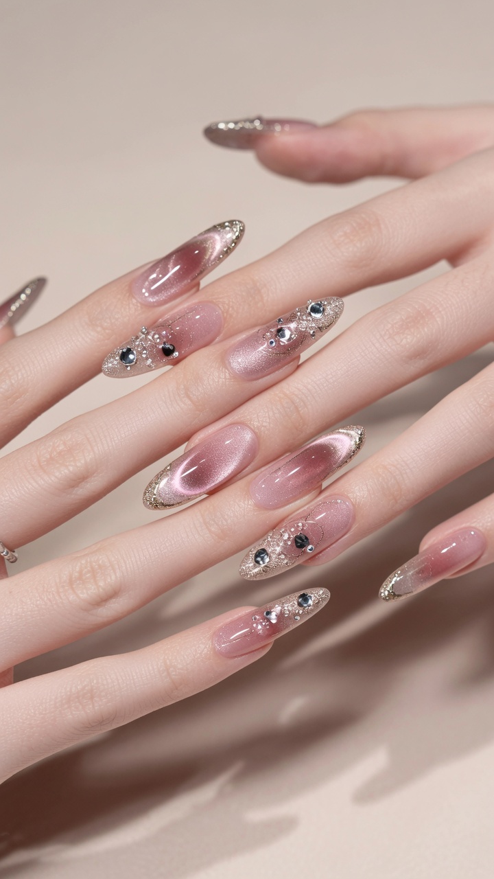 Uñas Ombré Rosa con Efecto Cat-Eye y Detalles Dorados: Tutorial Paso a Paso