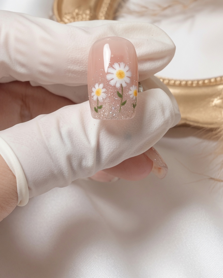 Una uña cubierta totalmente con un esmalte de gel rosa traslúcido, lista para el siguiente paso.