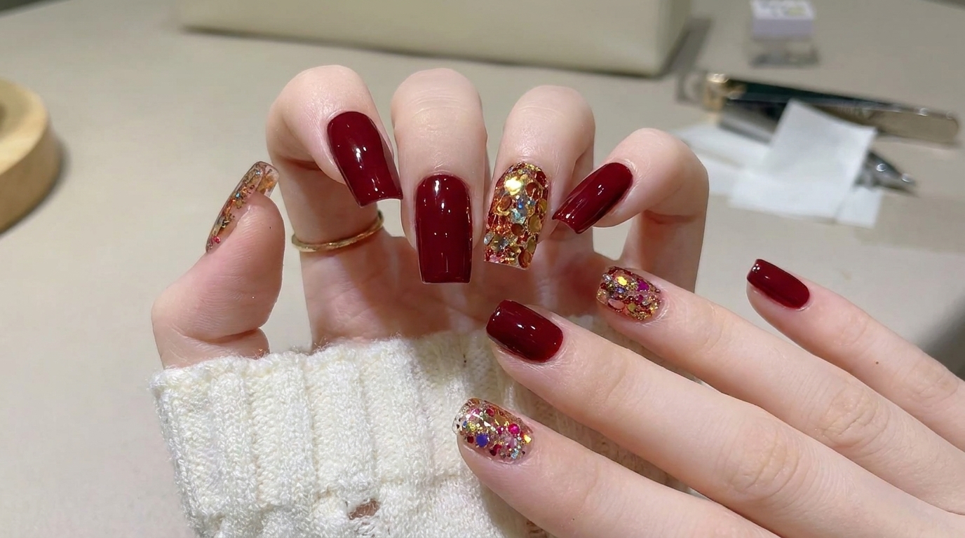 Manicura de Gel en Rojo Vino con Detalle de Brillo Dorado — Tutorial Paso a Paso