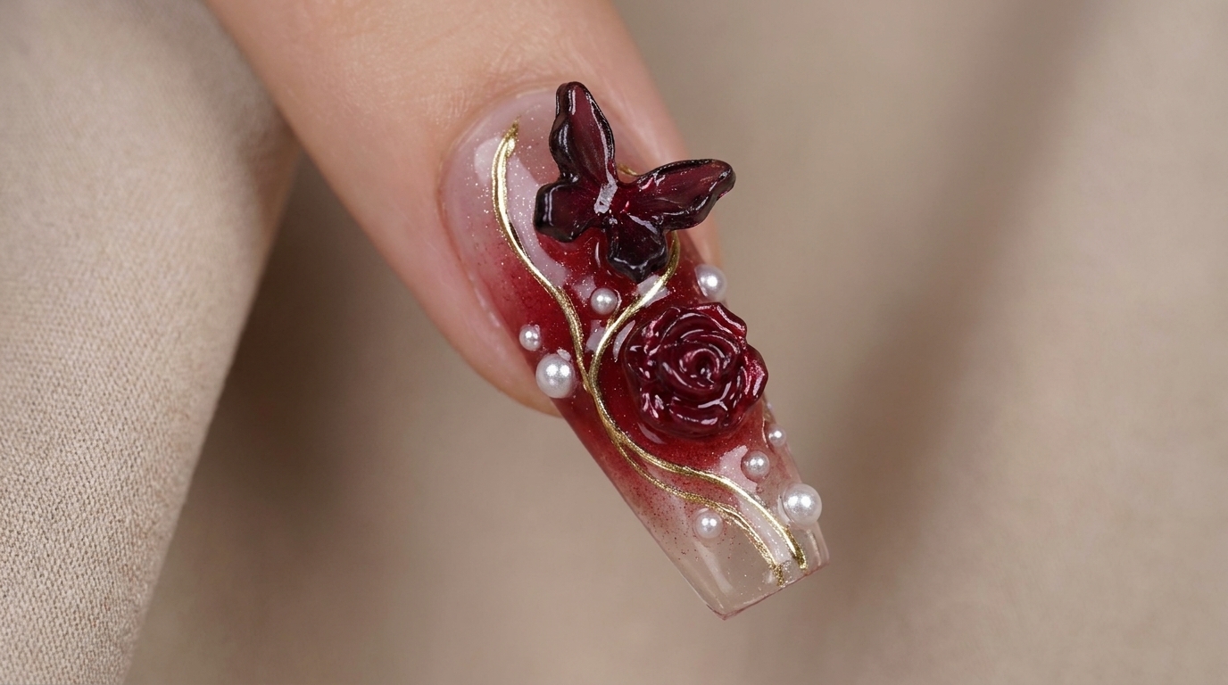 Uñas de Gel Estilo Rojo Vino con Rosas y Mariposas para Año Nuevo