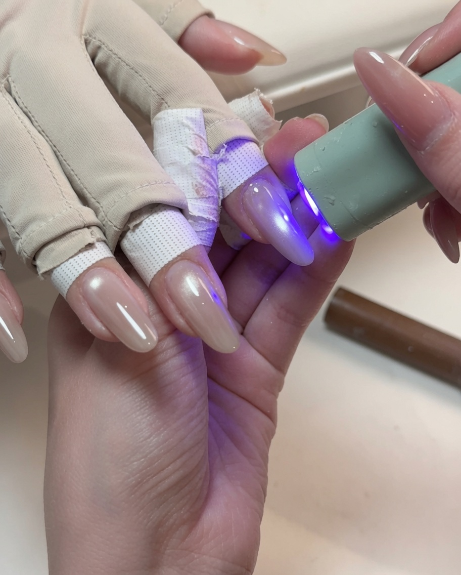 Una pequeña lámpara UV portátil azul curando el gel ojo de gato brillante en un dedo manicuado.
