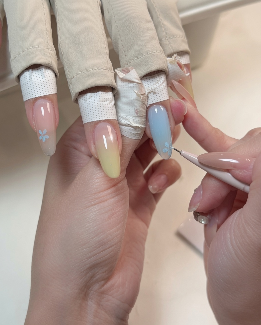 Un primer plano de un pincel liner pintando una pequeña flor azul sobre una base de uña nude.