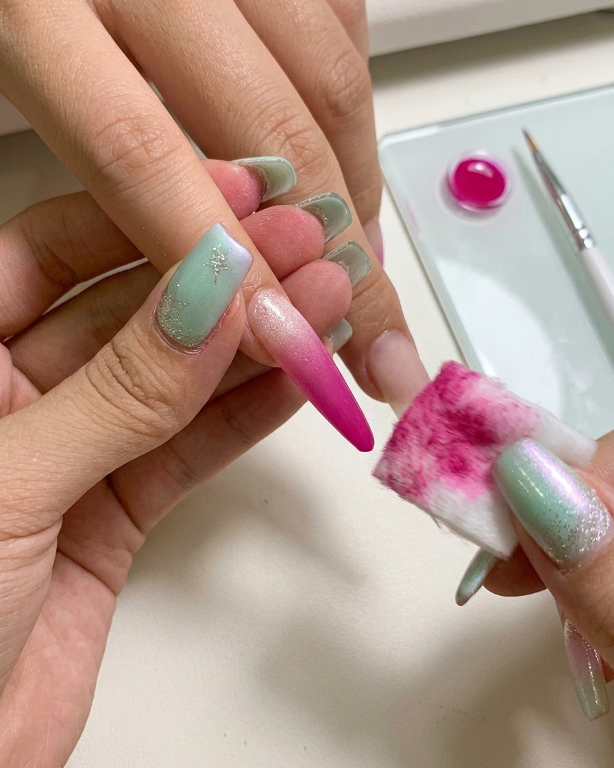 Primer plano de una mano usando pinzas para sostener una esponja y aplicar gel rosa en una uña.