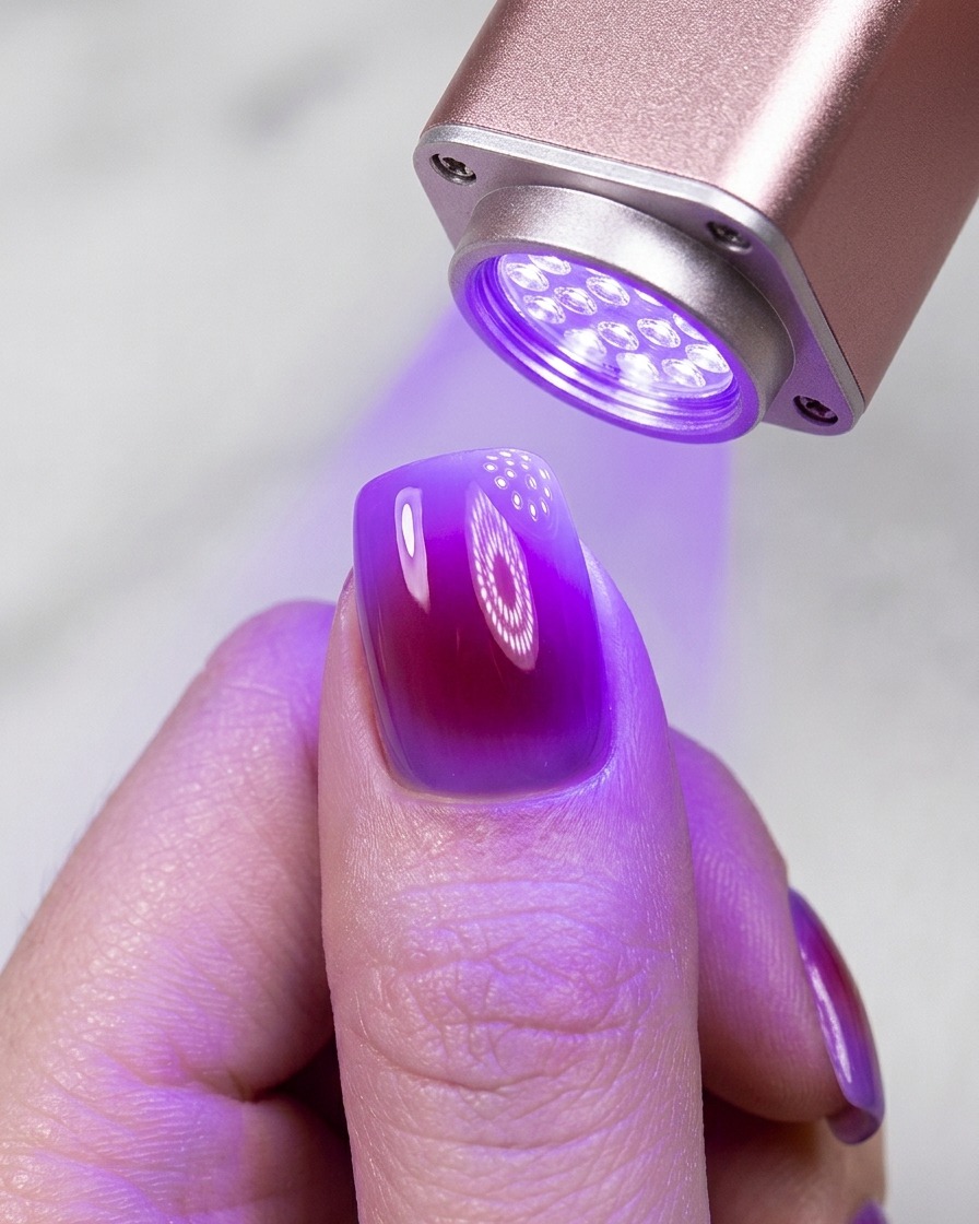 Una linterna UV portátil curando una aplicación de esmalte de uñas en gel brillante con luz púrpura.