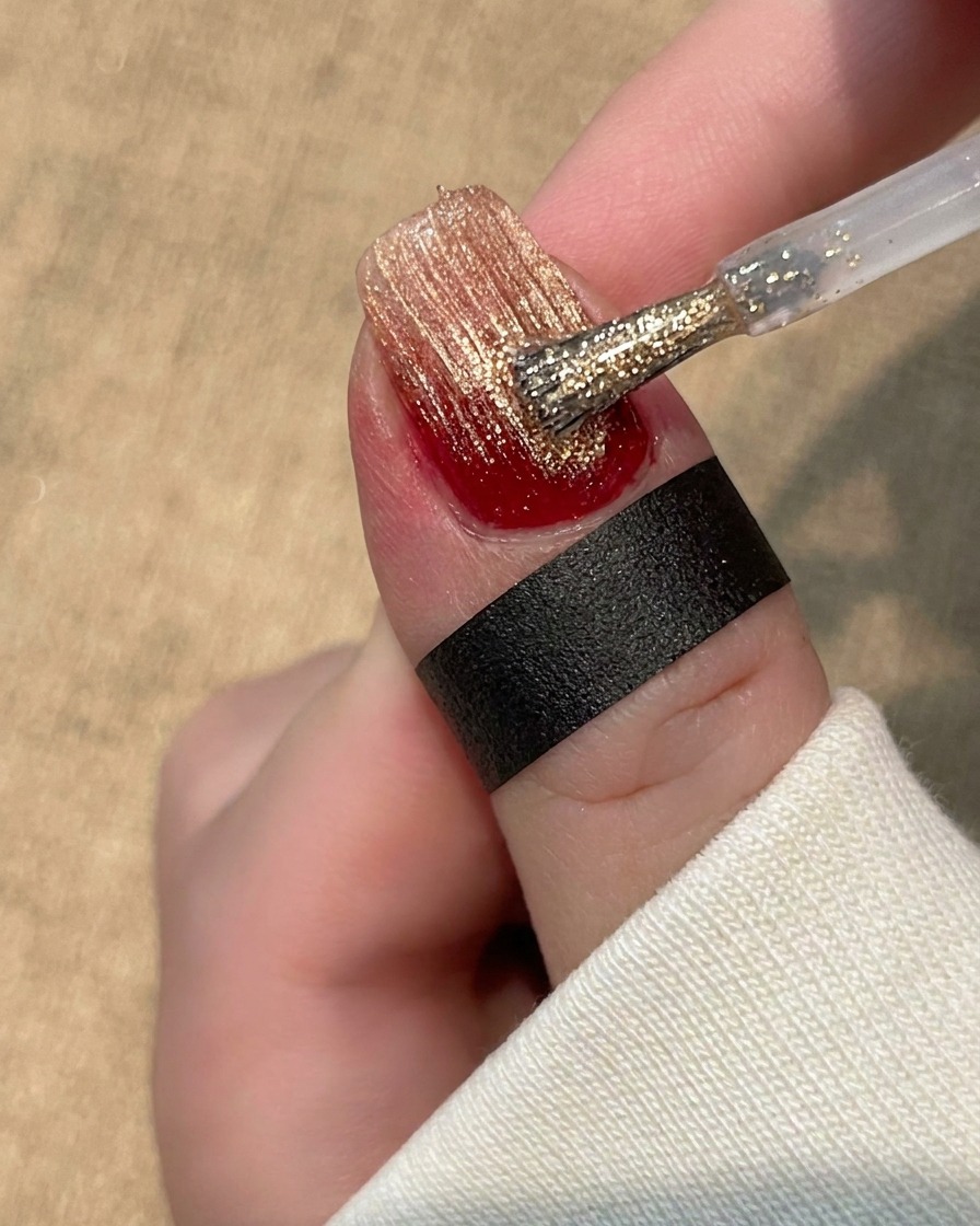 Un pincel pequeño y rígido trazando líneas texturizadas rectas a través de una capa de gel brillante en una uña.