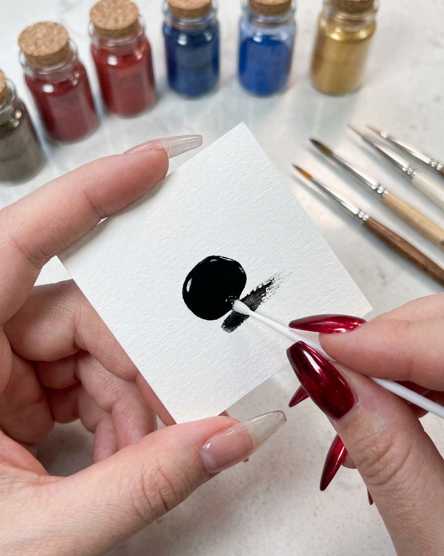 Una vista de cerca del borde de una esponja cargándose suavemente con gel de pintura negro desde una paleta.
