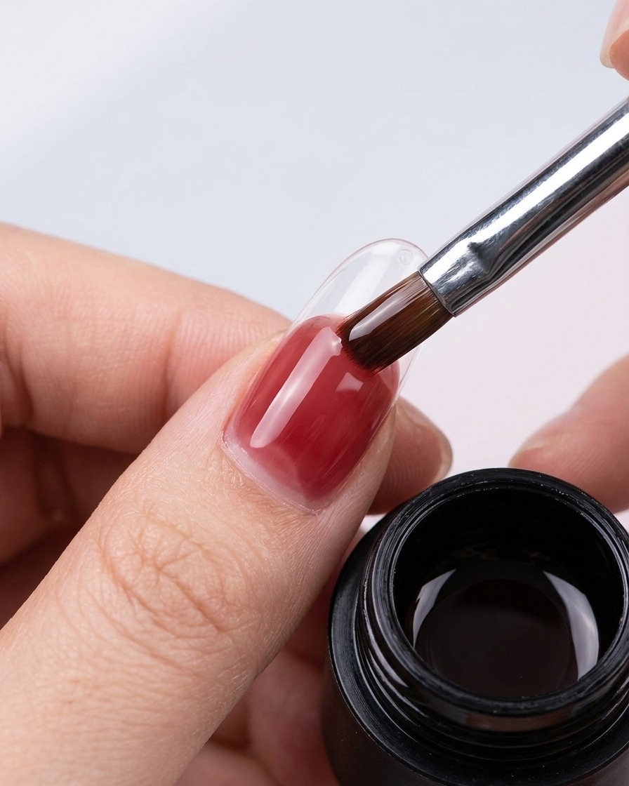 Primer plano de un pincel aplicando gel traslúcido color rosa sobre una uña natural.