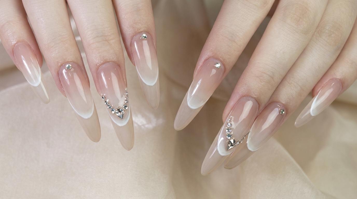 Uñas Almendradas Largas con Degradado Francés y Pedrería — Tutorial Paso a Paso