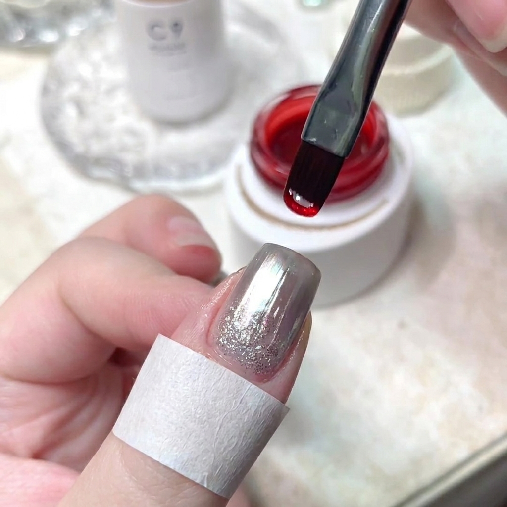 Un pincel plano aplicando base de gel transparente sobre la superficie de una uña cromada.