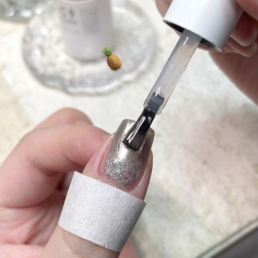 Un pincel de uñas aplicando suavemente un top coat transparente y brillante sobre una uña decorada.