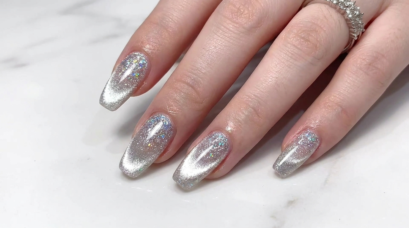 Uñas Cat-Eye Plateadas en Degradado con Lentejuelas — Tutorial Paso a Paso