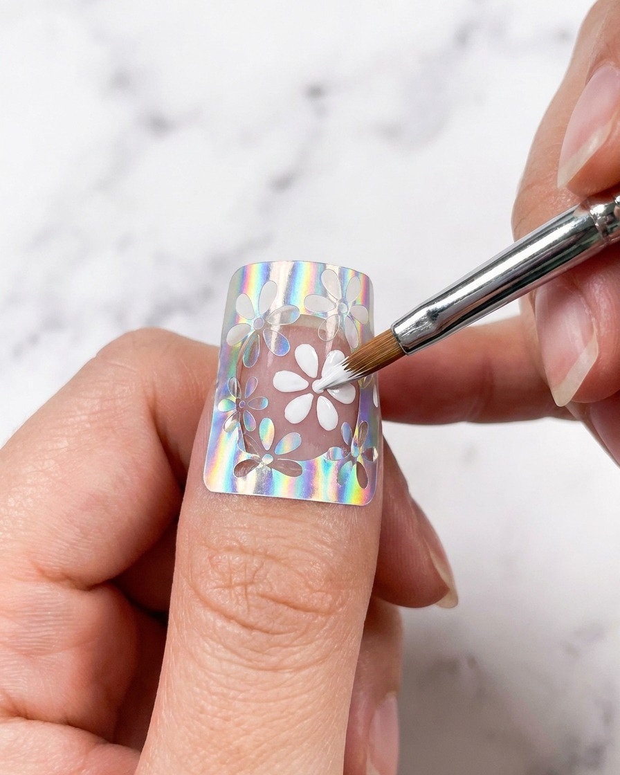 Una mano posicionada bajo una lámpara UV curando el diseño de flor blanca recién pintado.