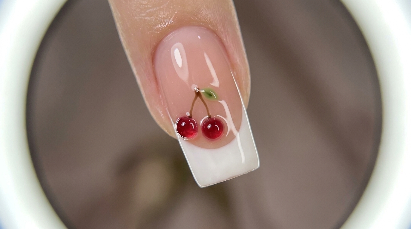 Tutorial de uñas con degradado francés y cerezas maduras