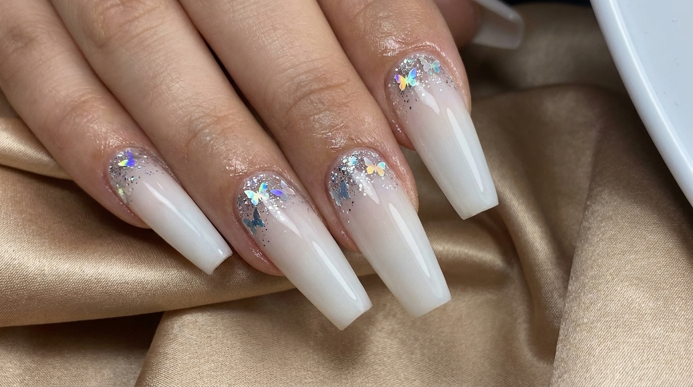 Uñas degradadas blanco lechoso con mariposas de hada — Tutorial paso a paso