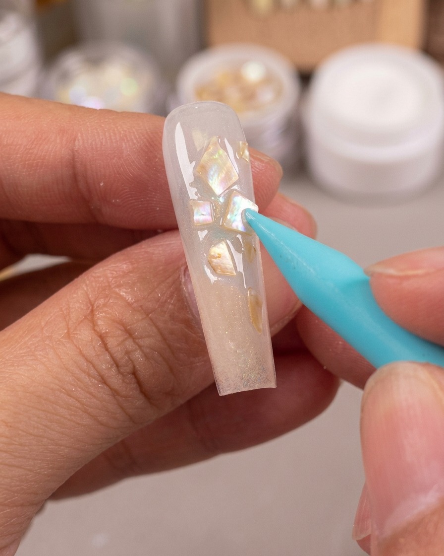 Una herramienta de silicona azul rellenando los espacios entre los fragmentos de concha con pasta brillante de polvo de hadas.