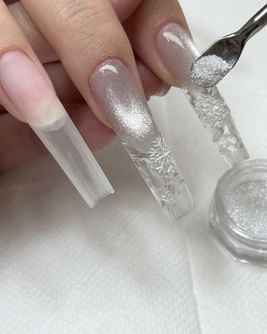 Pequeña herramienta espolvoreando polvo de diamante brillante sobre el diseño de uñas húmedo.