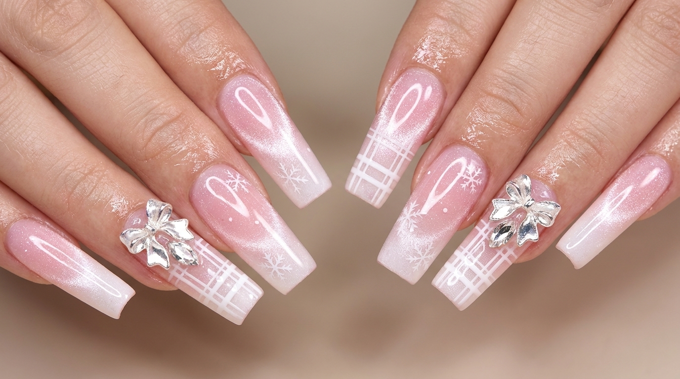Dulce Diseño de Uñas a Cuadros y Polvo de Hielo — Tutorial de Copos de Nieve