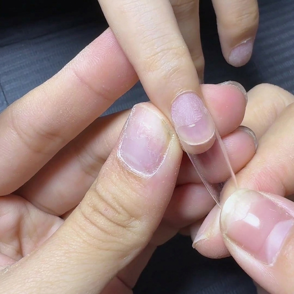Mano sosteniendo un tip transparente de curvatura D y alineándolo contra una uña natural preparada con gel adhesivo.