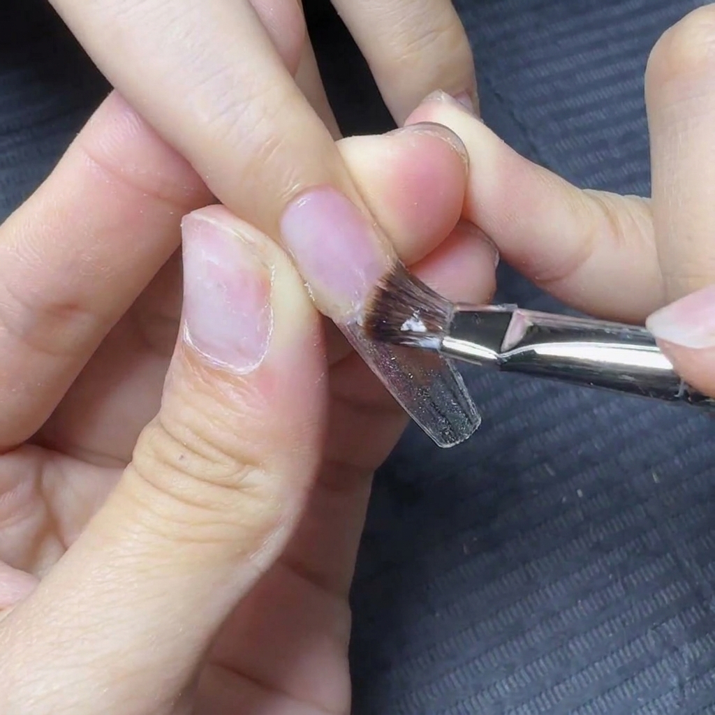 Un pincel de uñas aplicando una capa base transparente de gel sobre la zona de la uña natural.