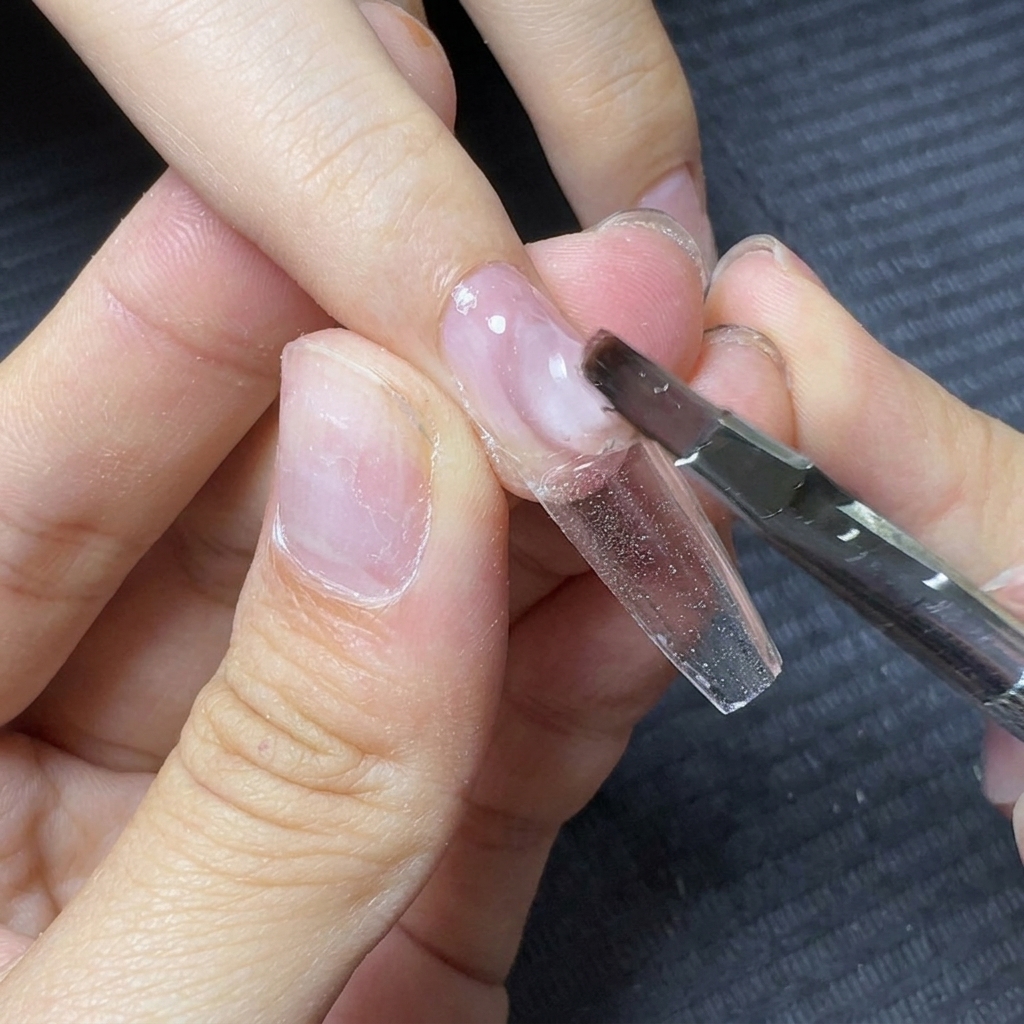 Un pincel de gel colocando una perla grande de gel constructor transparente cerca de la cutícula.