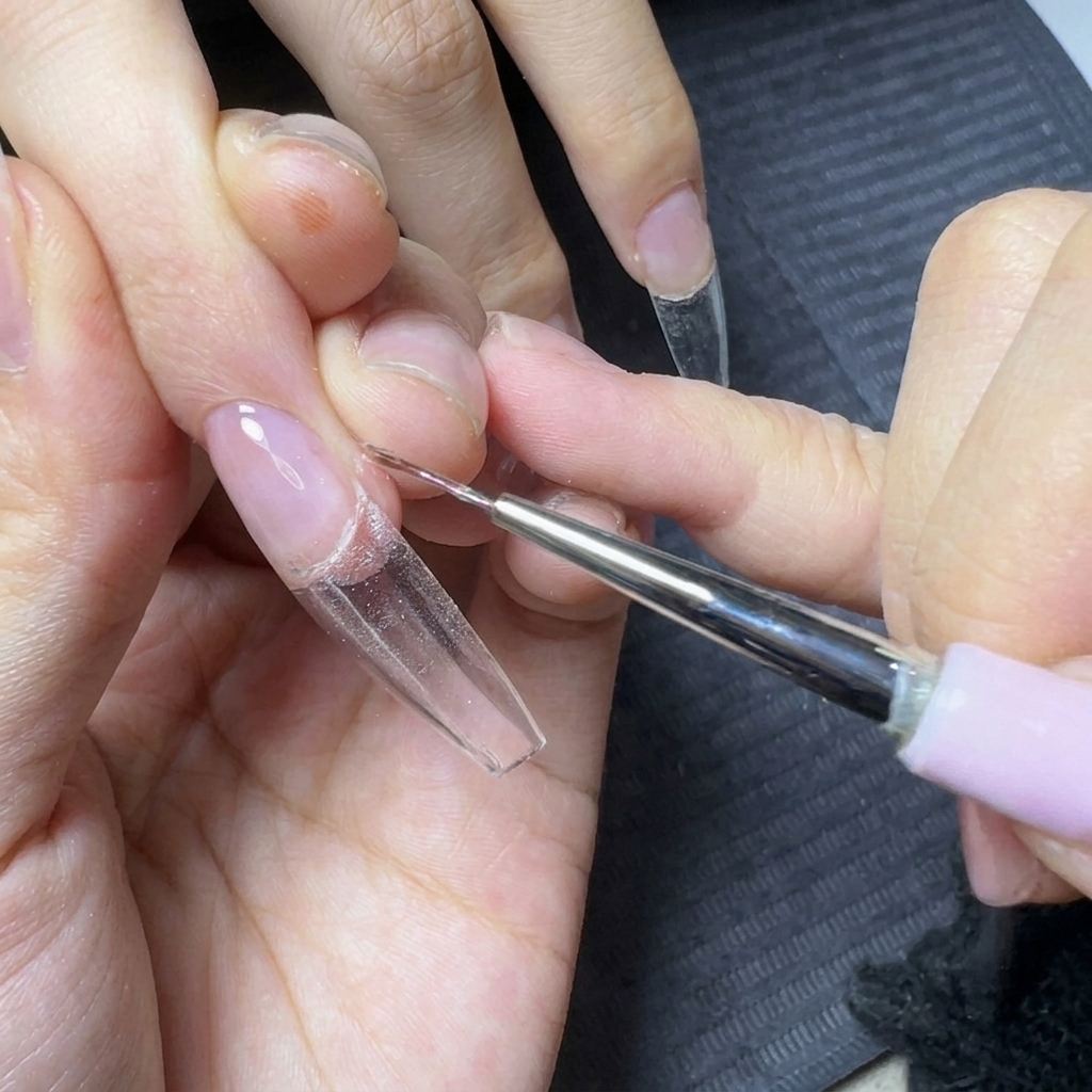 Un pincel de detalles fino suavizando el gel constructor a lo largo del borde de una extensión transparente larga.