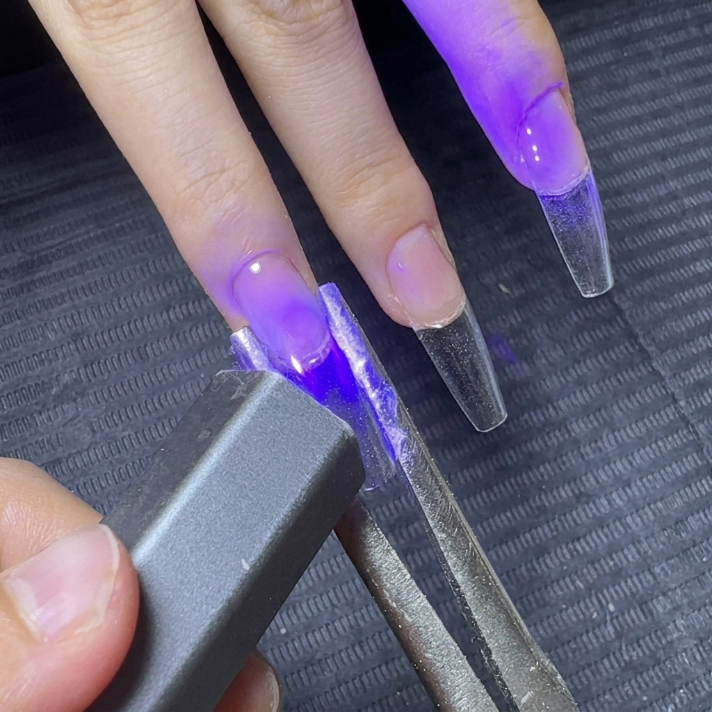 Pinzas sujetando los lados de una extensión de gel transparente mientras una luz UV de mano cura el gel.