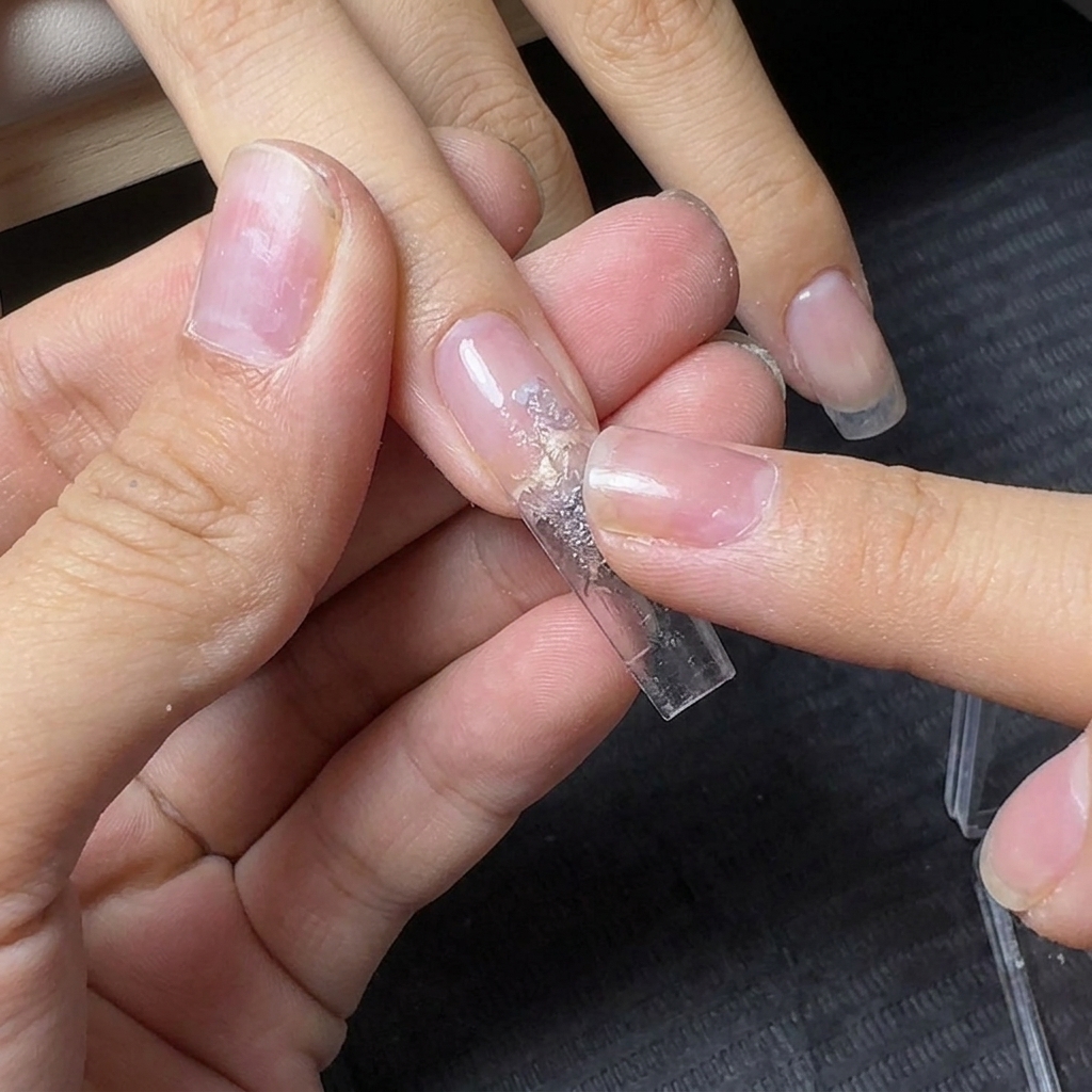 La yema de un dedo presionando gel de purpurina reflectante plateada en la base de una extensión de uña transparente.