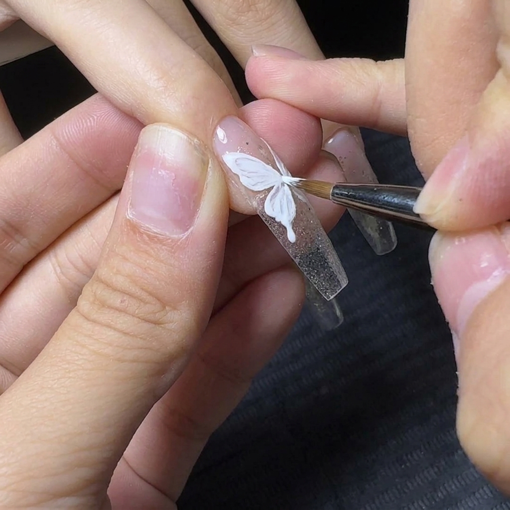 Un pincel delineador fino pintando el contorno delicado de un ala de mariposa blanca sobre una uña con purpurina.