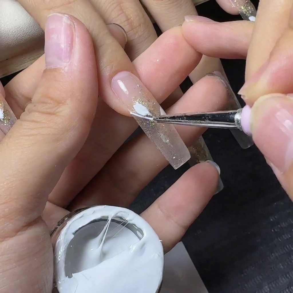 Una herramienta aplicando gel araña blanco horizontalmente a través de la línea de la sonrisa de una uña con purpurina.