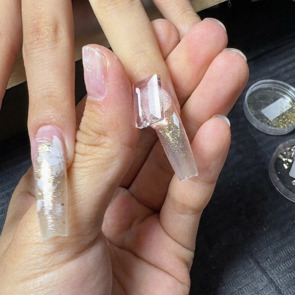 Pinzas colocando una piedra preciosa rectangular transparente cerca del área de la cutícula de una uña.