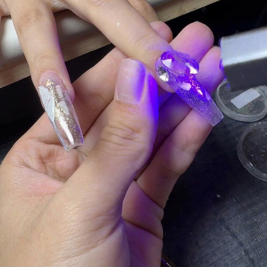 Una mini linterna UV curando la pedrería en una extensión de uña decorada.