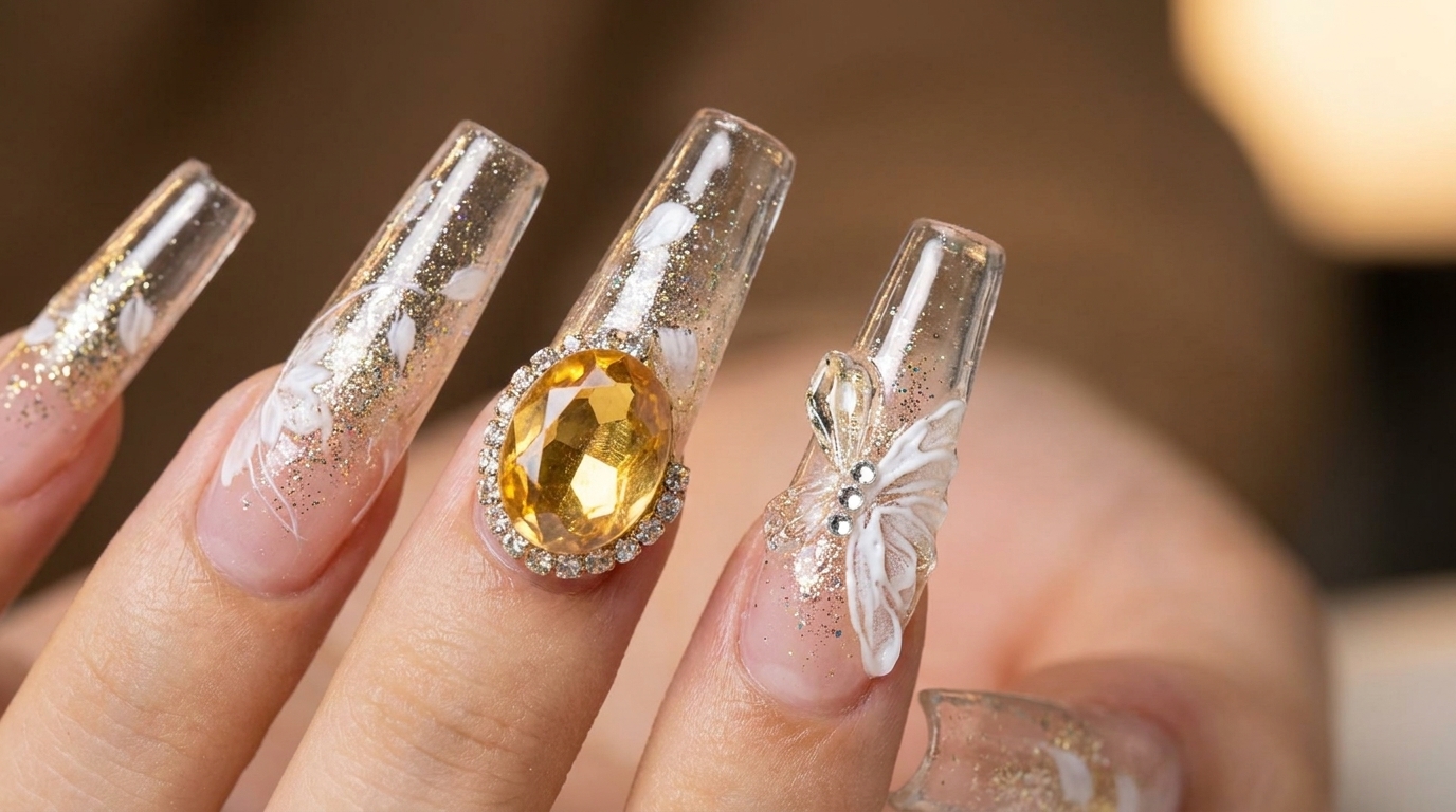 Largas extensiones de uñas coffin transparentes decoradas con purpurina dorada, una gema amarilla grande, pedrería brillante y arte de mariposa blanca en 3D.